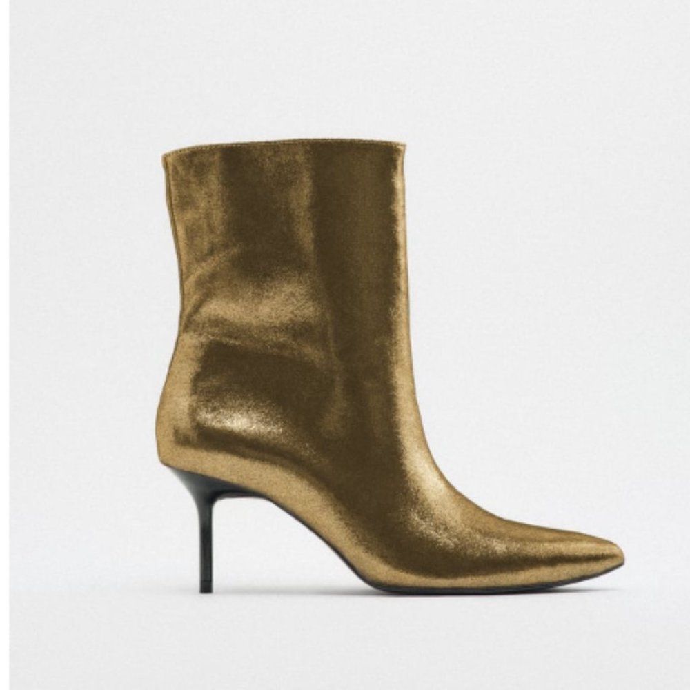 Zara Gold Metallic Thin Heel Ankle Boots - NWT - Picture 4 of 8